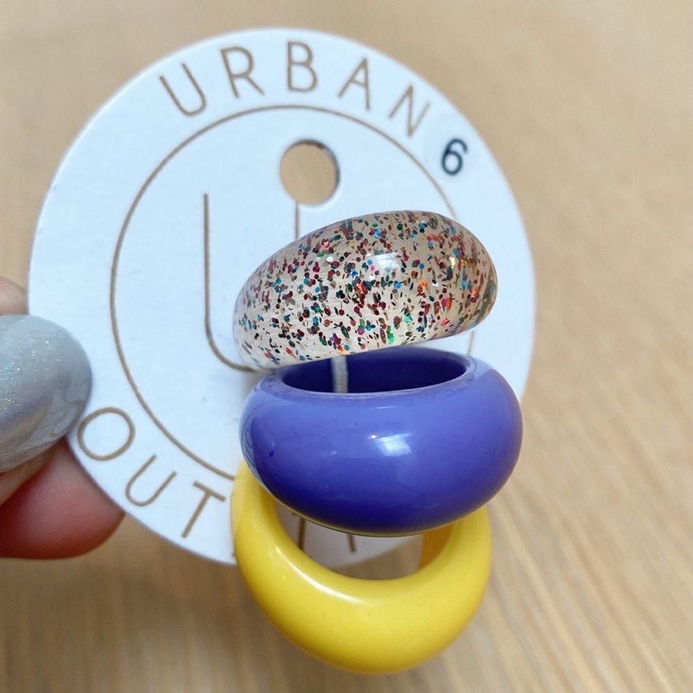 Urban Outfitters Acrylic Dome Oversized Rings Purple Yellow & Clear Glitter